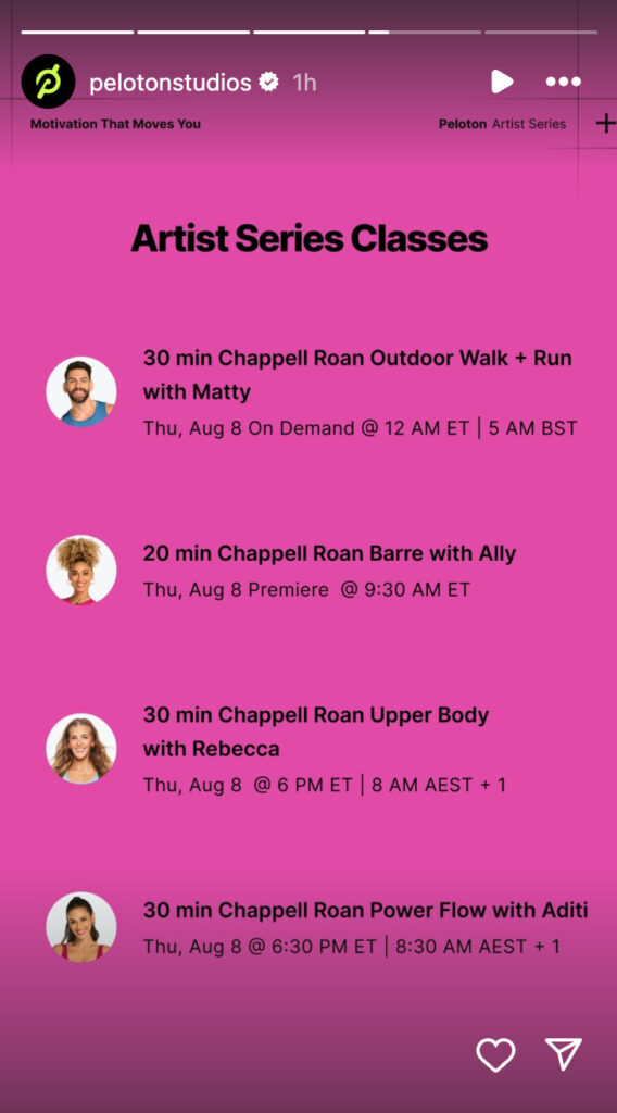 Peloton's Chappell Roan class list. Image credit Peloton social media.